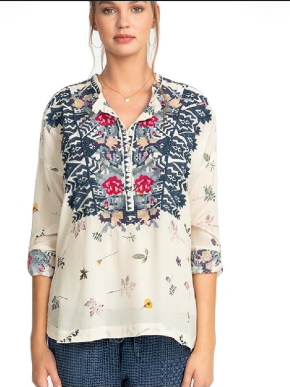 Johnny Was Nostra Silk Embroidered Floral Tunic Blouse Top